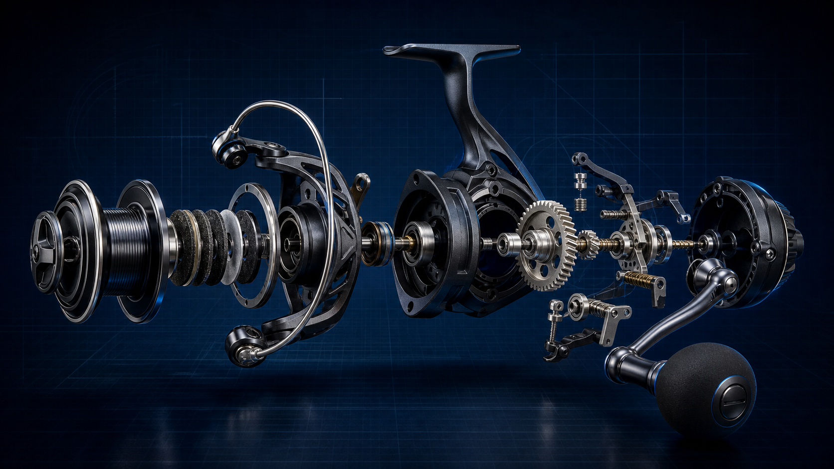 Original illustrative exploded view of a heavy-duty saltwater spinning reel